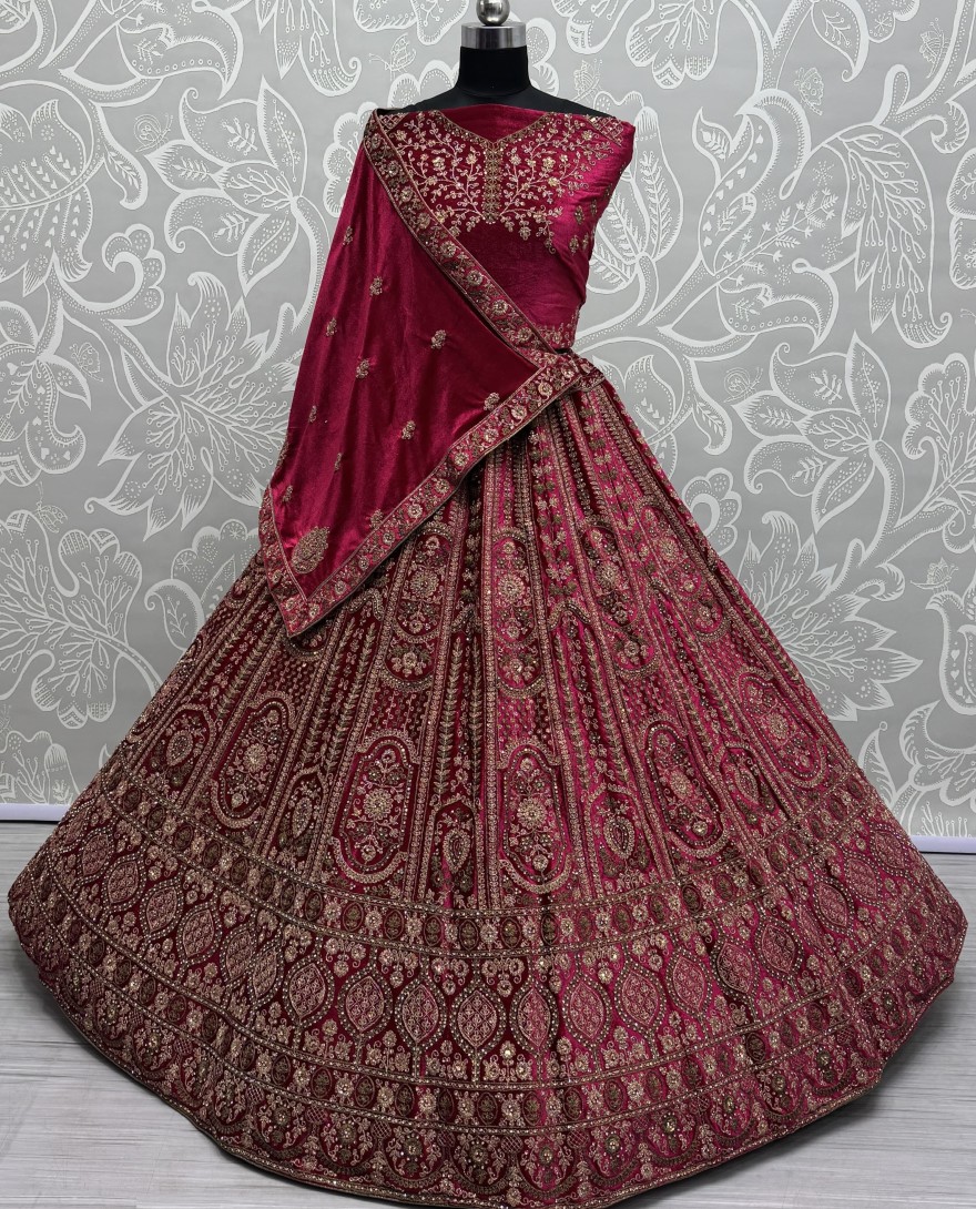 2858 - Double dupatta combine Red Velvet Lehenga choli in Dori work